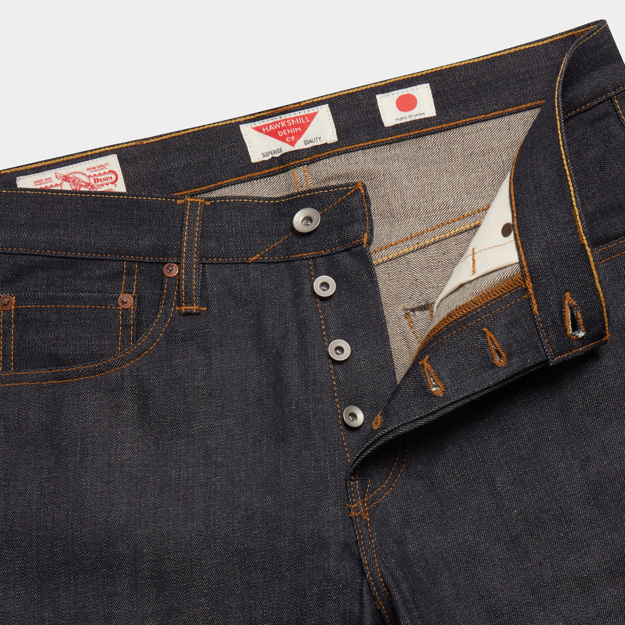 Loose Tapered Japanese Selvedge Jeans (Indigo) - Kaihara Jeans HAWKSMILL DENIM CO. button fly. Made in Japan label. Chain stitch. Rivets.
