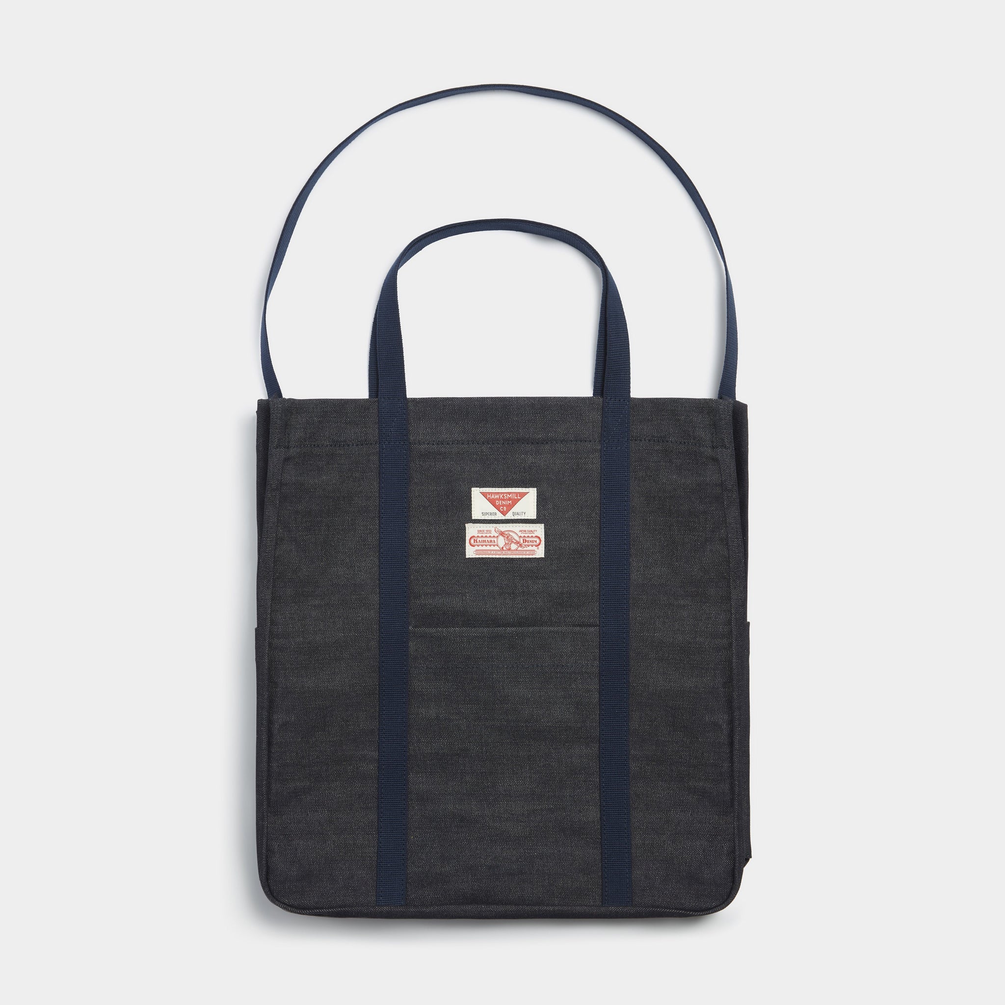 2 WAY TOTE BAG - KAIHARA JAPANESESELVEDGE DENIM Hawksmill Denim Co. Short handle and long cross body / shoulder strap. Mens' unisex